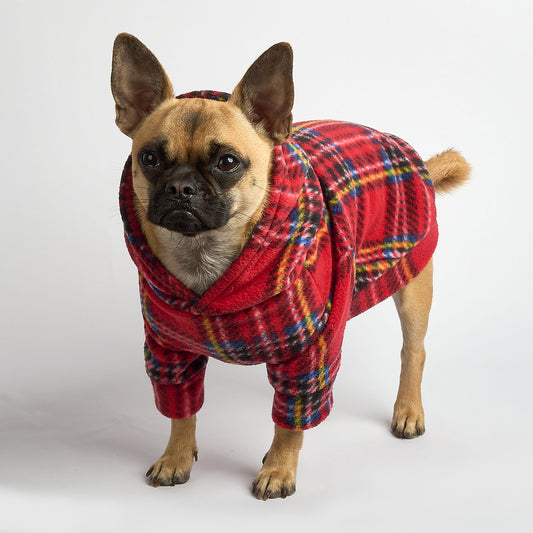 Dog Fleece Hoodie - Red Tartan