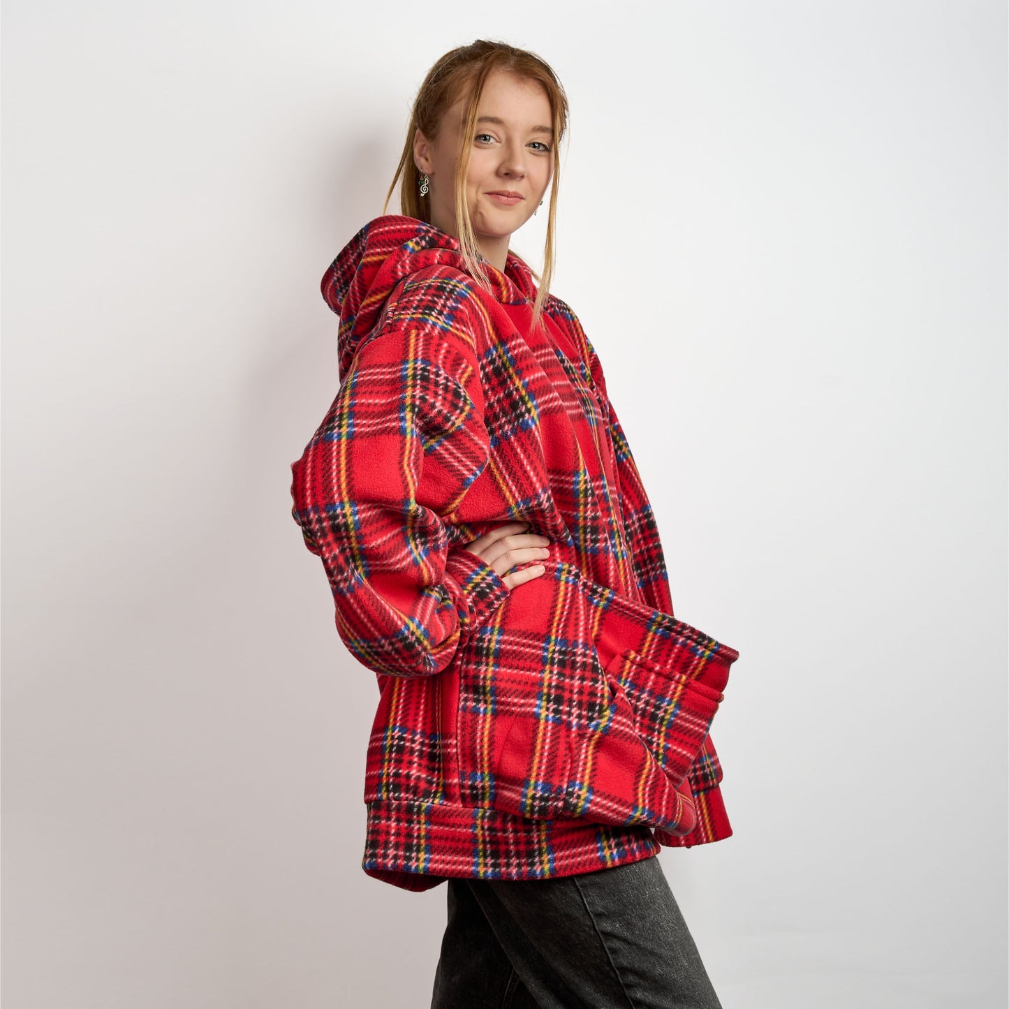 Human Unisex Fleece Hoodie - Red Tartan